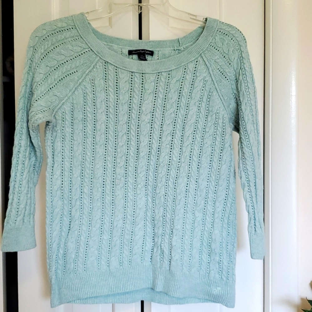 American Eagle Outfitters Pale Turquoise Cable Knit Sweater, Size S